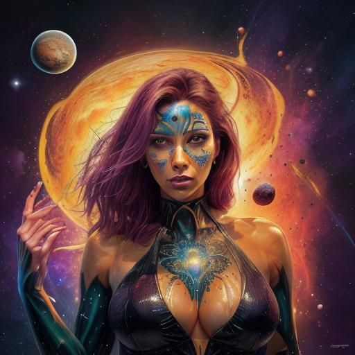 insanely beautiful woman standing radiating the full body spiritual colours of her energy body with a cosmic planetary b...