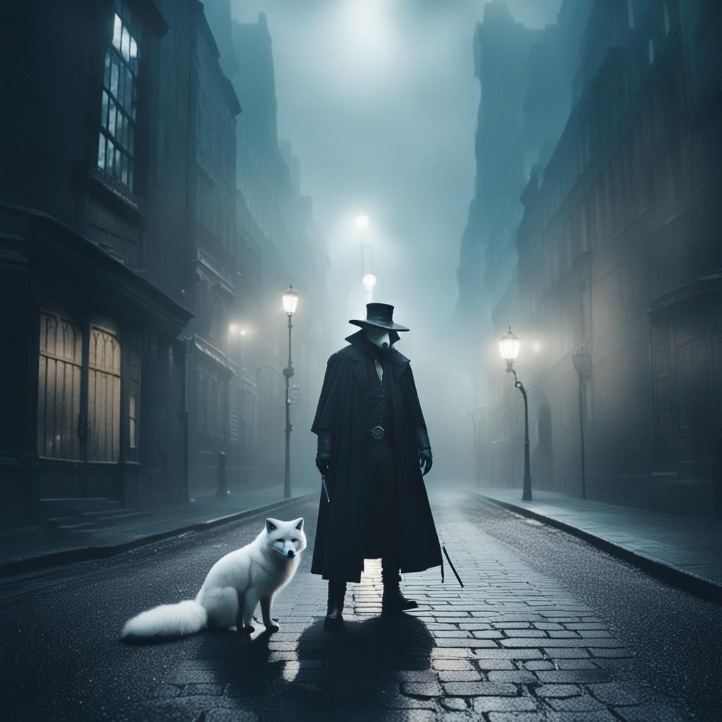 Plague Doctor and Fox in Foggy City