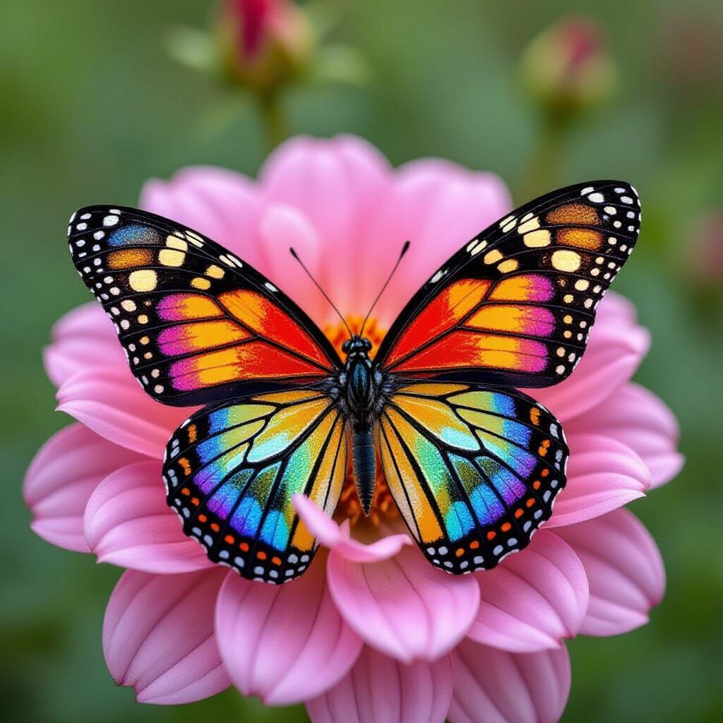 Rainbow Filigree Butterfly on Pink Rose