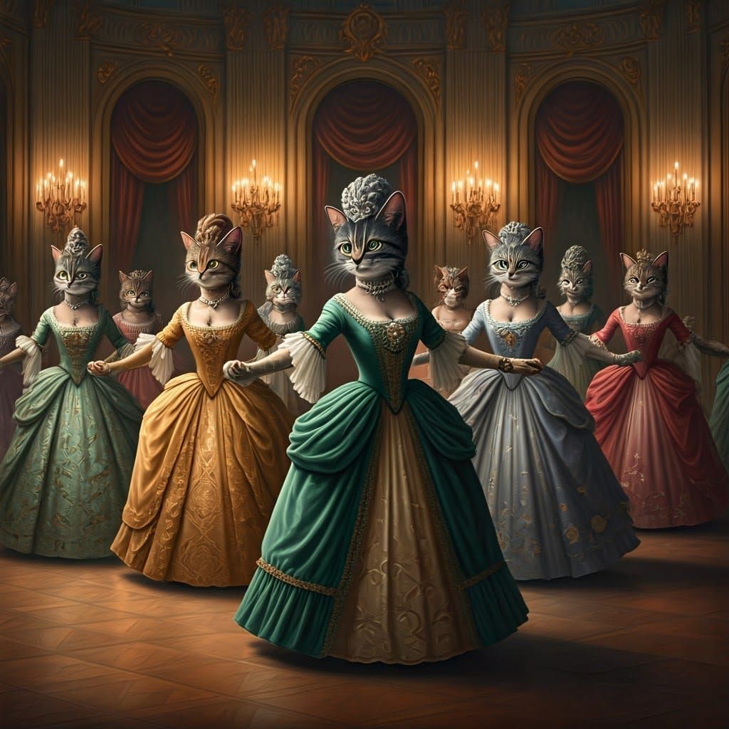 Elegant Christmas Ballroom Scene with Feline Ladies