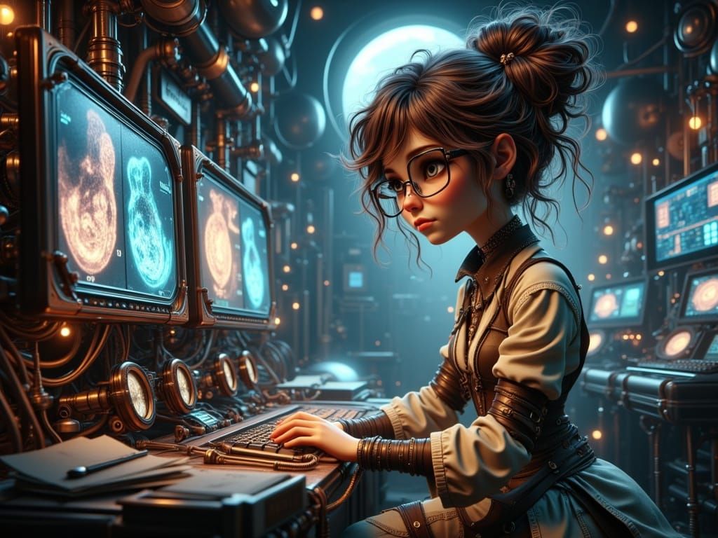 Steampunk Doctor Surrounded by Copper Monitors and Gears