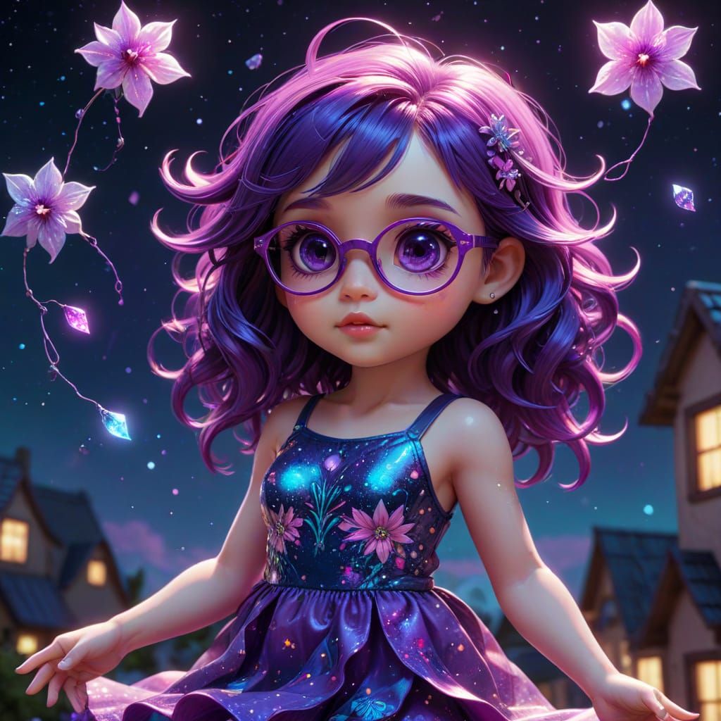 Ethereal Chibi Woman Spreading Digital Flowers Over Town
