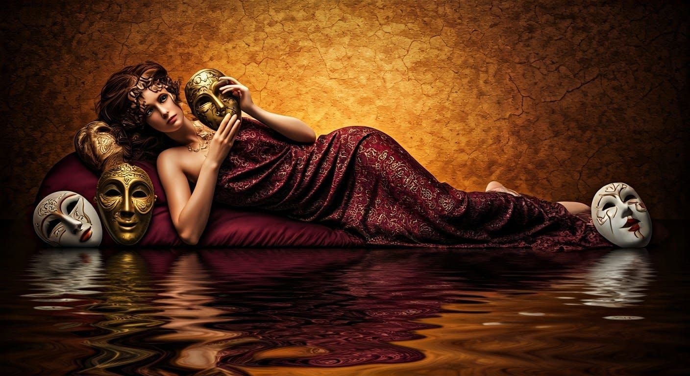Luxurious Reclining Woman with Golden Masks and Velvet Drape...