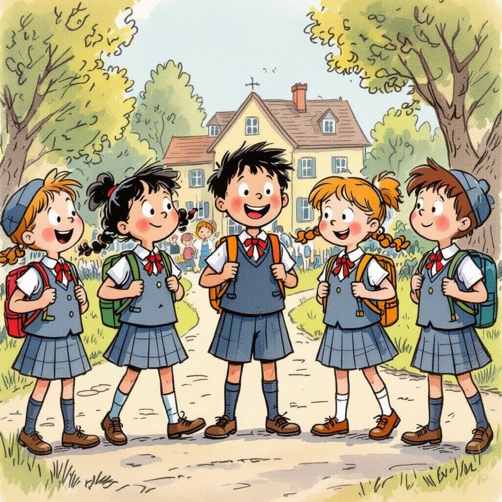 Children Playing in Sunny Schoolyard, Expressive Style