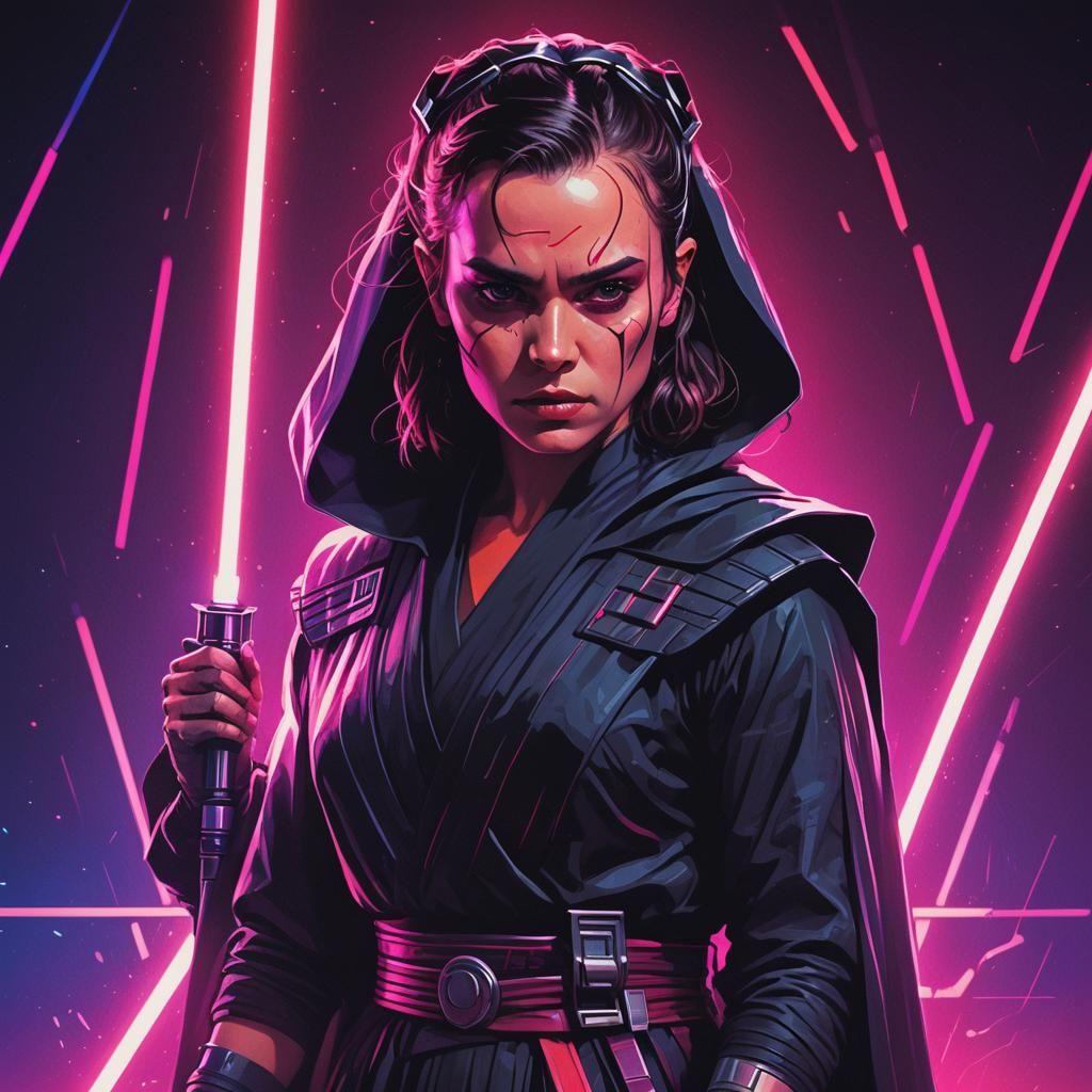 Rey Skywalker as a Sith Lord in Synthwave Style