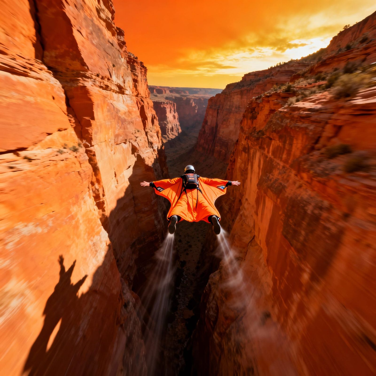 Base Jumper Soars Through Narrow Canyon in Orange Wingsuit