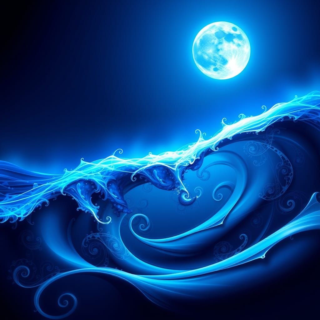 Luminous Blue Moon Radiates Across Undulating Ocean Waves in...