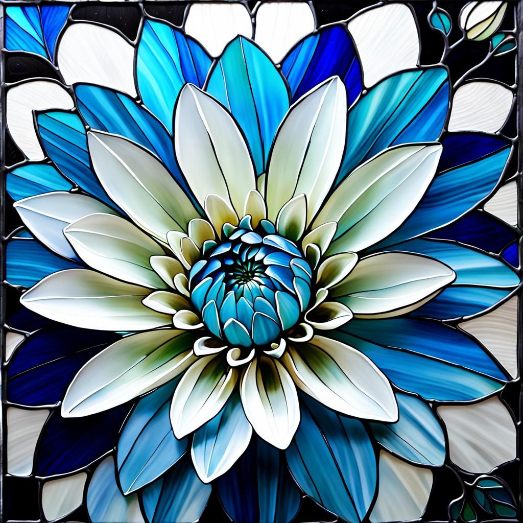 Blue and White Dahlia Stained Glass Art