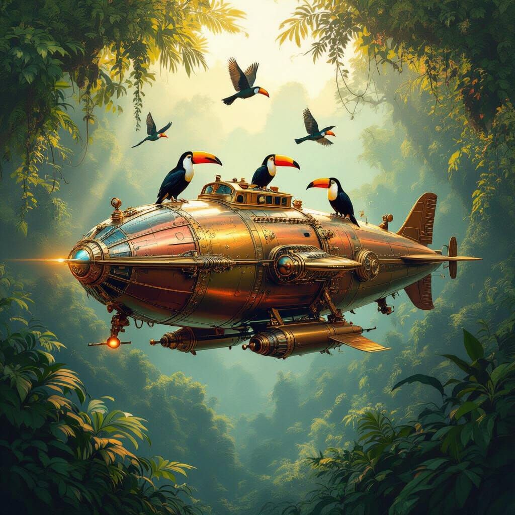 Steampunk Flying Submarine Amidst Jungle Toucans