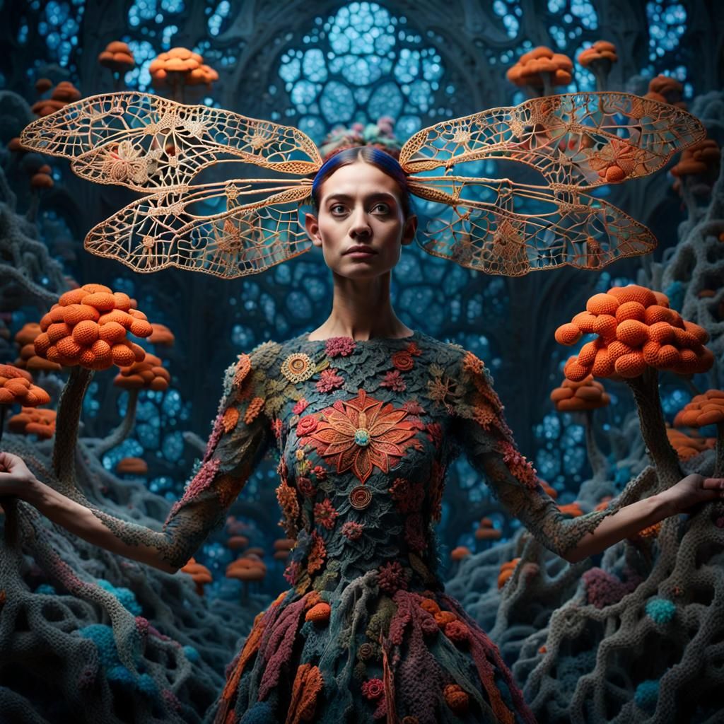 Dragonfly-Human Hybrid in Mycelium Network, Watercolor Art