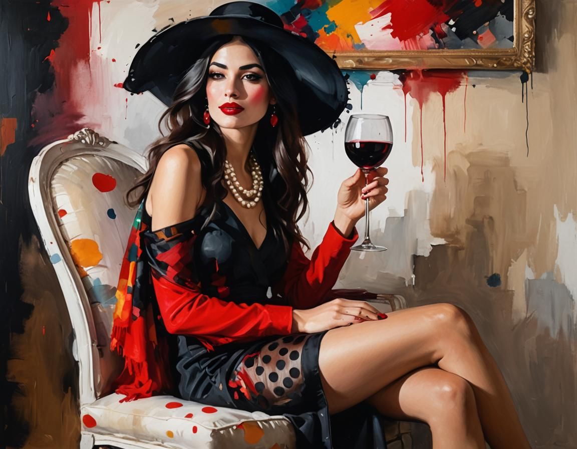 Portrait of Woman with Red Wine in Abstract Setting