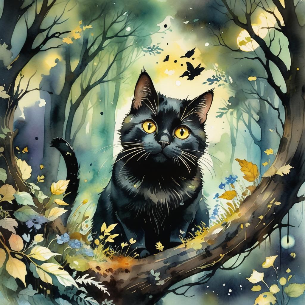 Enchanted Black Cat in Watercolor Fantasy