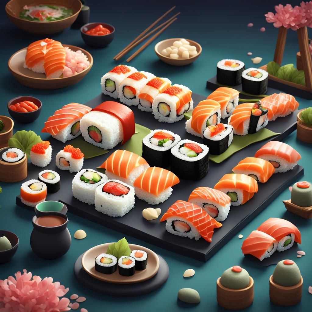 Cute Cartoon Sushi: Detailed Fantasy Concept Art