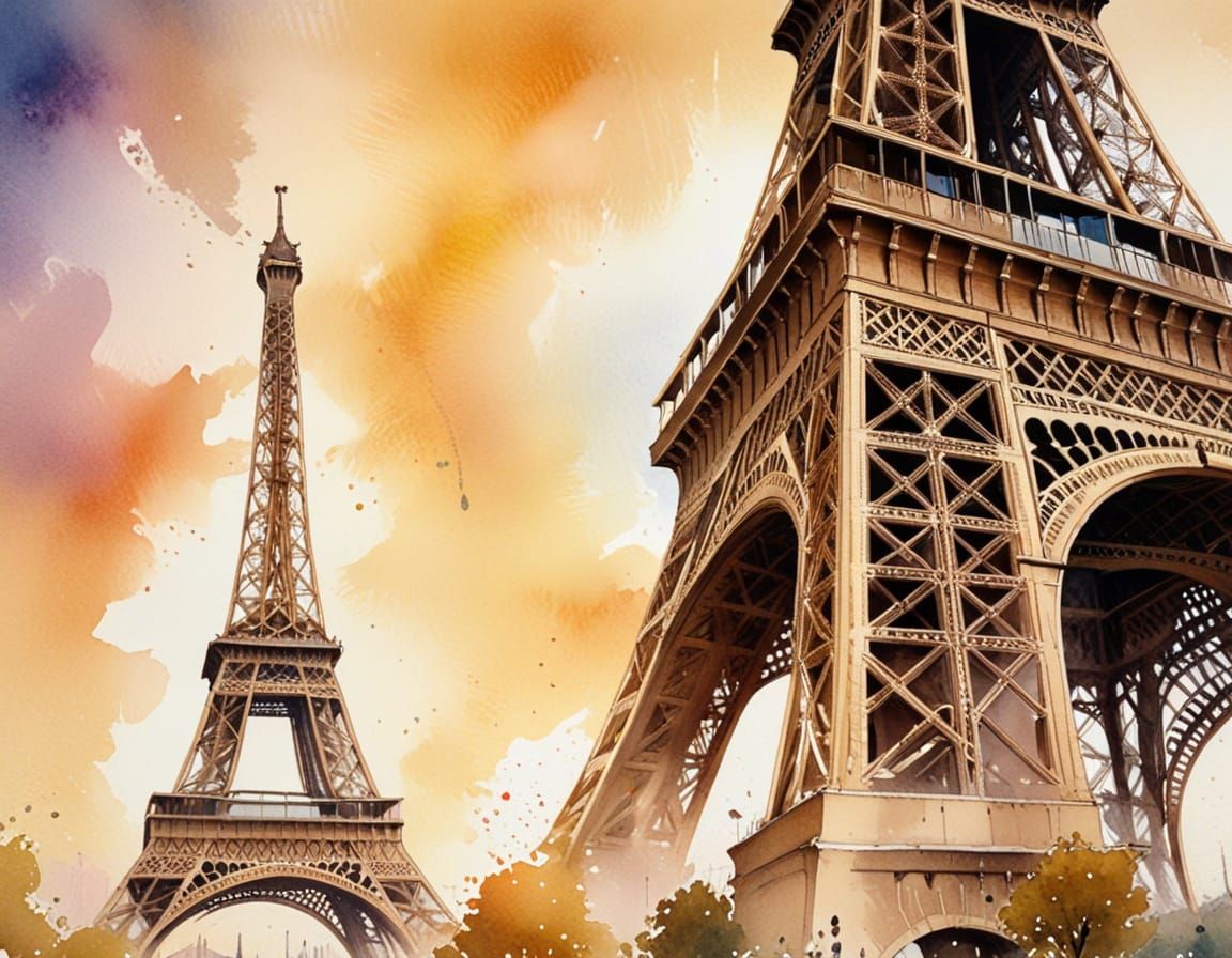 Parisian Eiffel Tower Watercolour in Golden Light