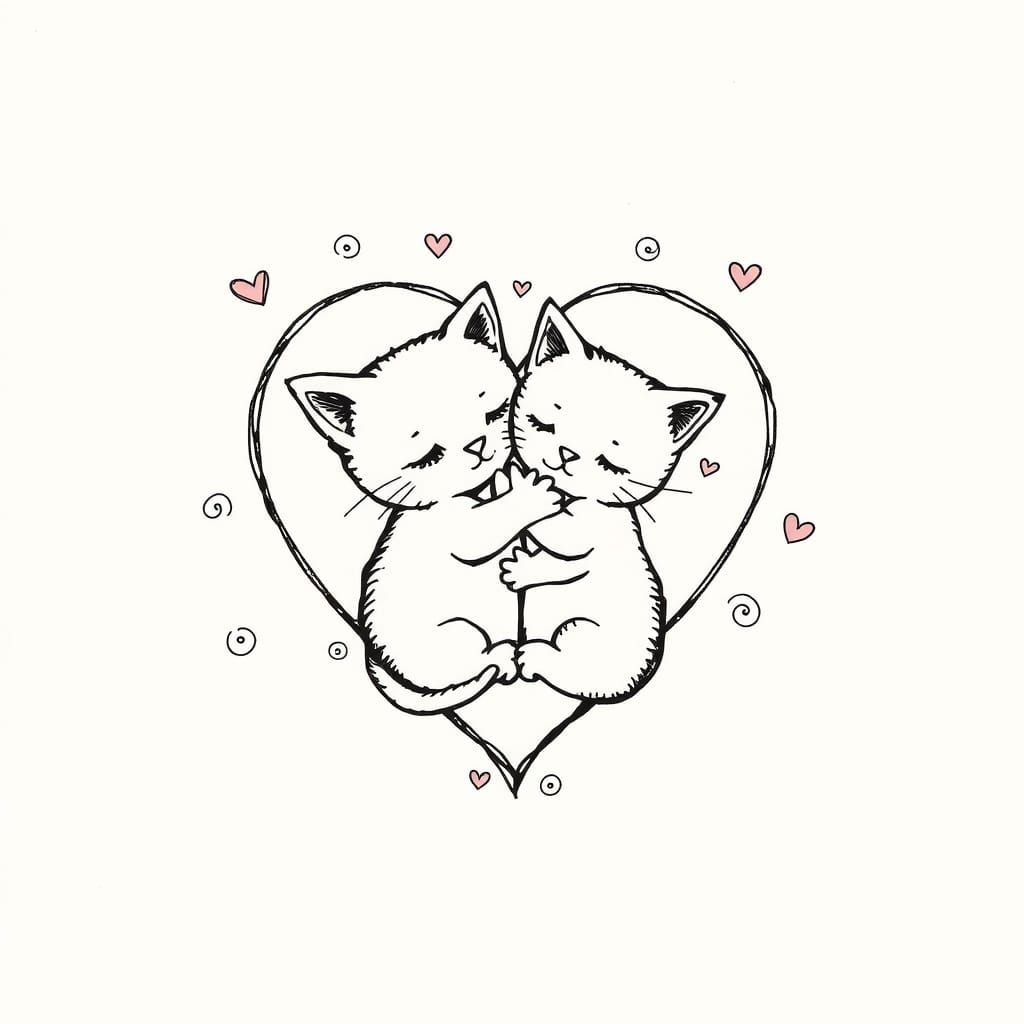 Whimsical Cats Embracing in a Doodle Heart