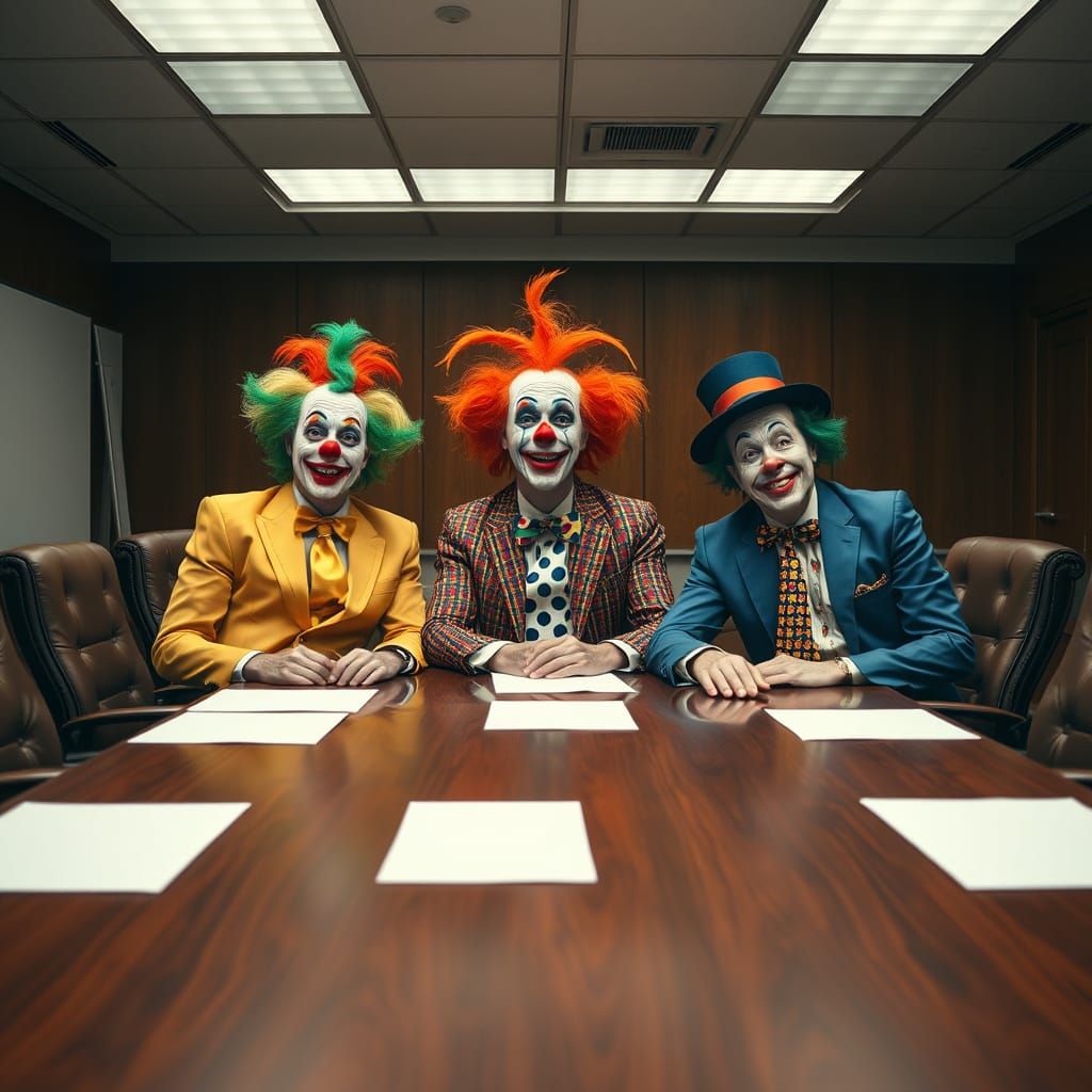 Corporate Clowns in a Satirical Boardroom Scene