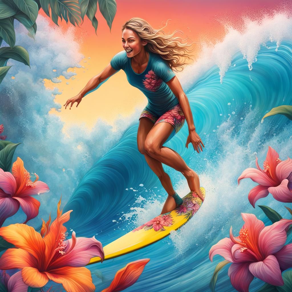 Hyperrealistic Surfer Girl with Dolphin and Tropical Flowers