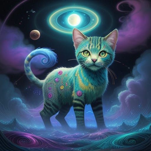 Cosmic Feline Wonder in Vibrant, Iridescent Hues