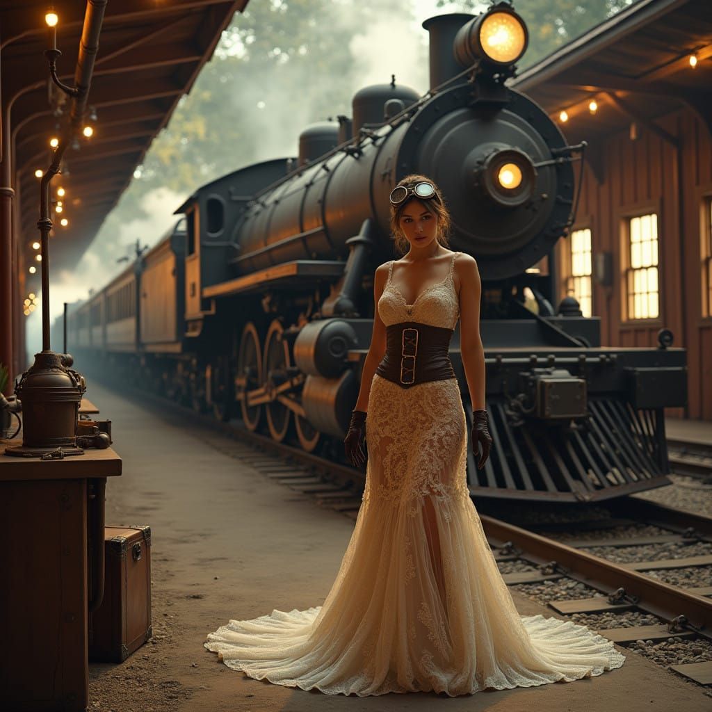 Glamorous Steampunk Beauty Poses Beside Vintage Train