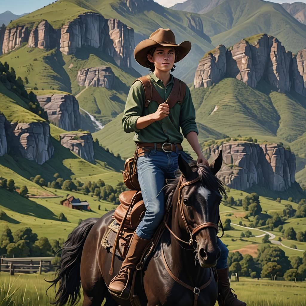 Boy on Horseback in Vivid 3D Landscape