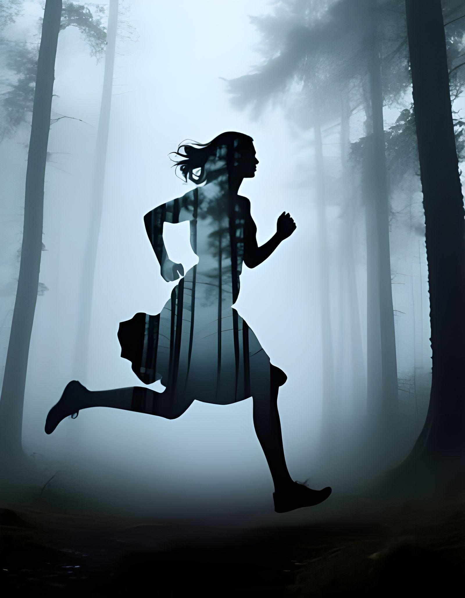 Ethereal Foggy Forest Double Exposure with Running Woman