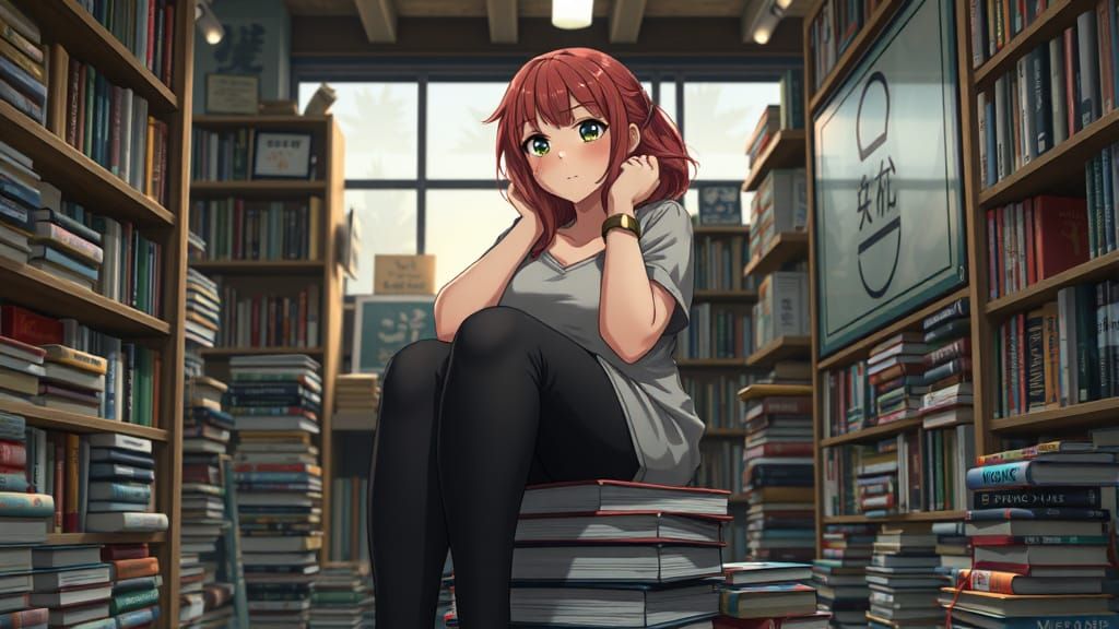 Redhead Woman in Bookstore, 3D Anime Style