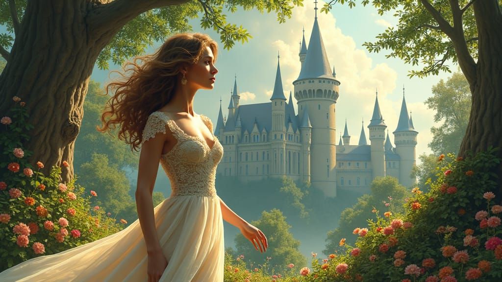 Woman in Ethereal Garden with Castle