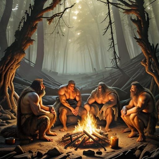Neanderthals Gather Around a Flickering Prehistoric Fire