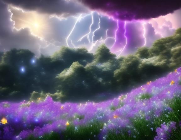 Cosmic Lunar Landscape with Purple Lightning