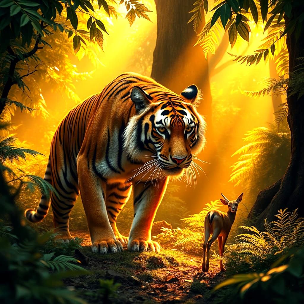 Tiger Hunting Deer in Forest, Golden Lighting
