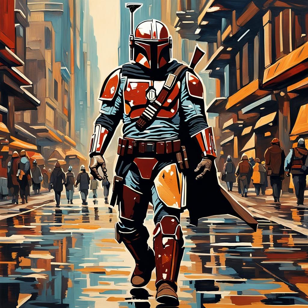 Mandalorian Warrior on Coruscant in Abstract Style
