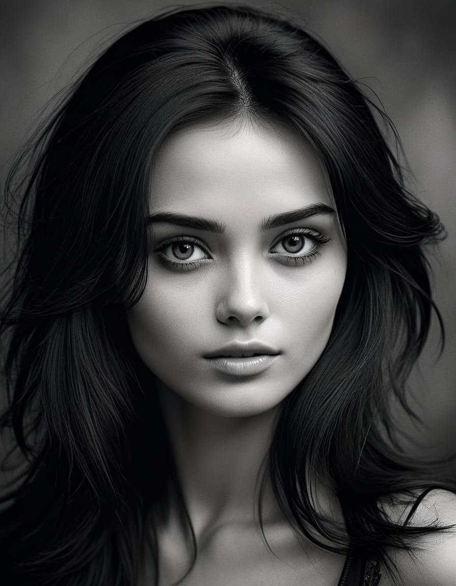 Black and White Portrait of a Dark Haired Woman