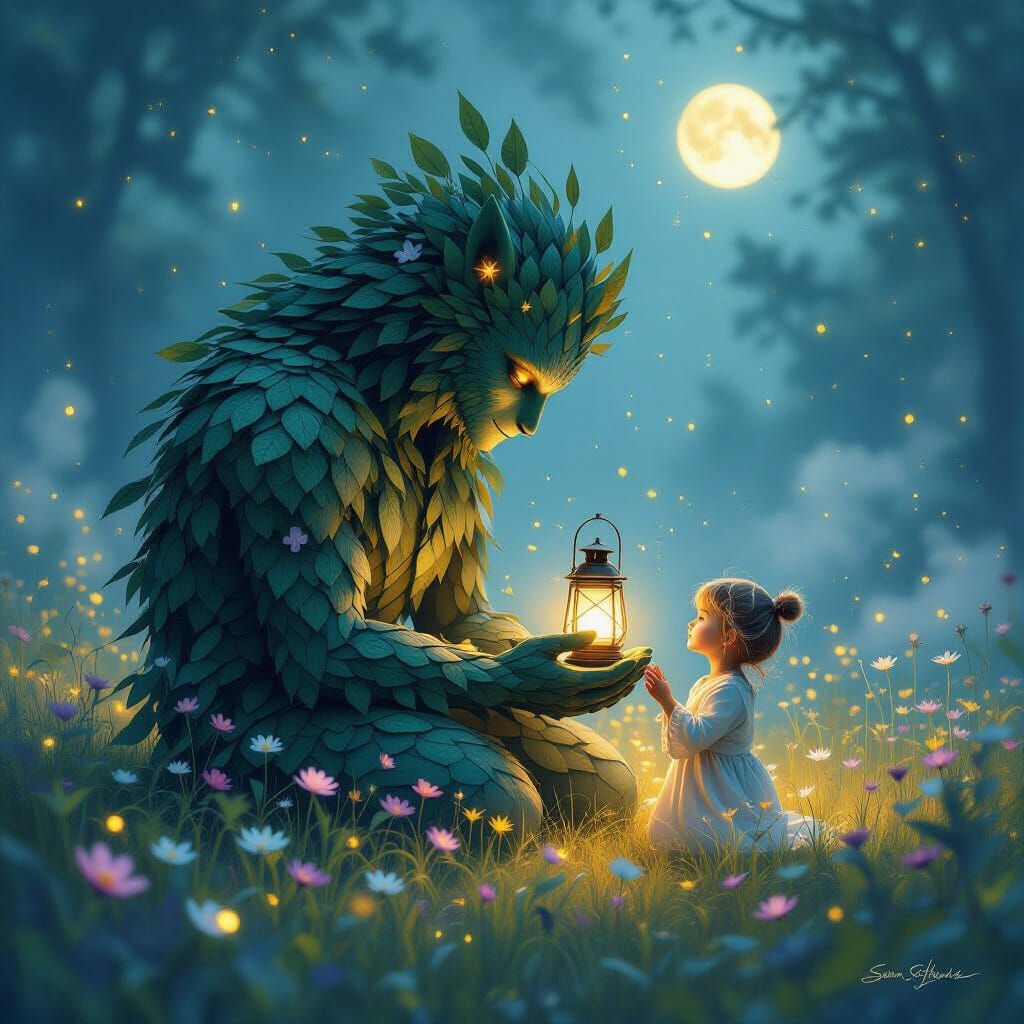 Colossal Leaf Guardian Cradles Child in Wildflower Meadow