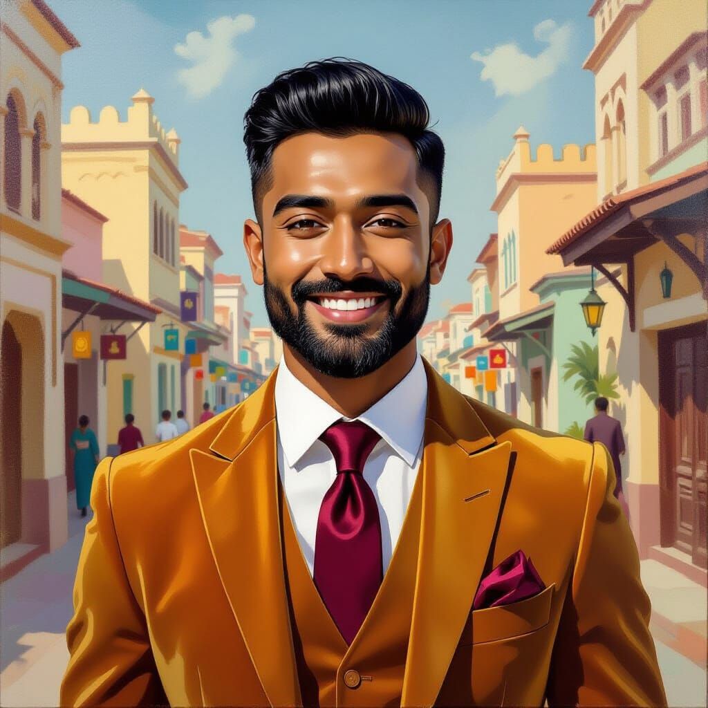 Smiling Man in Golden Suit: Neo-Impressionist Portrait