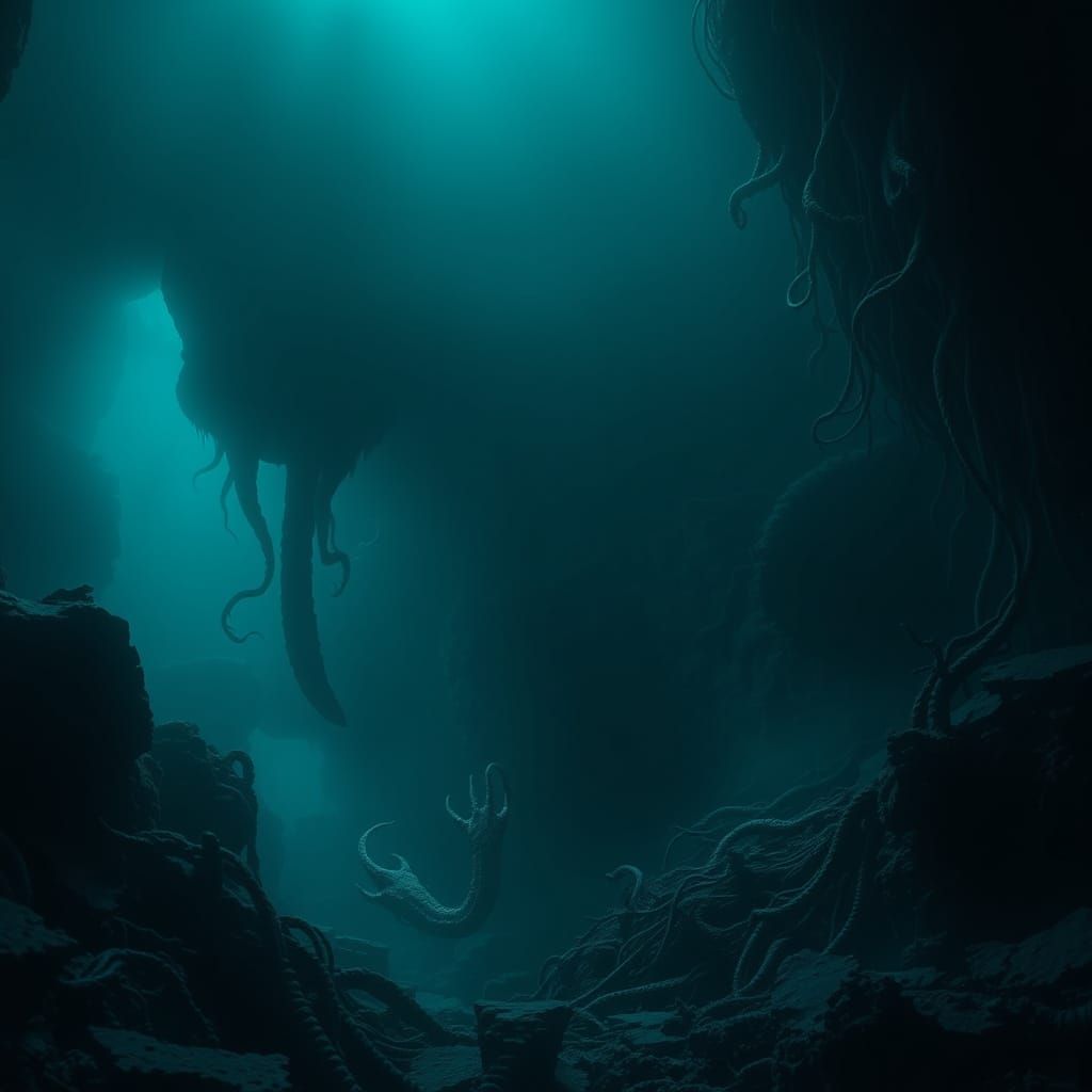 Eerie Abyssal Landscape with Nightmarish Sea Creatures