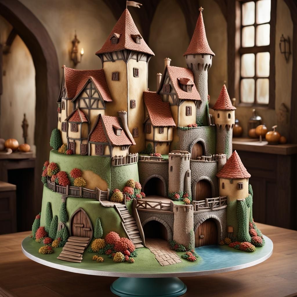 hyperrealistic cake takes the form of a captivating medieval...