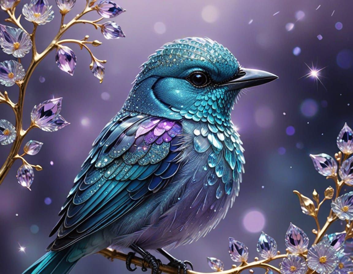 Sparkling Aqua-Violet Bird Portrait with Golden Filigree