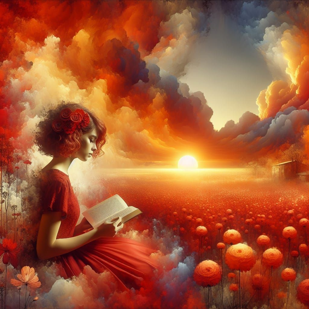 Girl Reading in a Dreamy Romantic Landscape