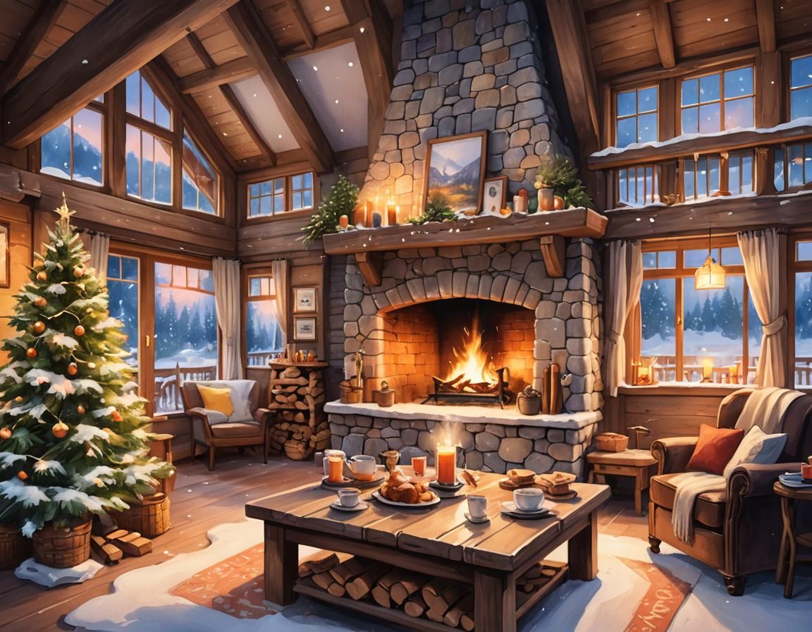 Cozy Chalet Interior at Twilight in Watercolor Style