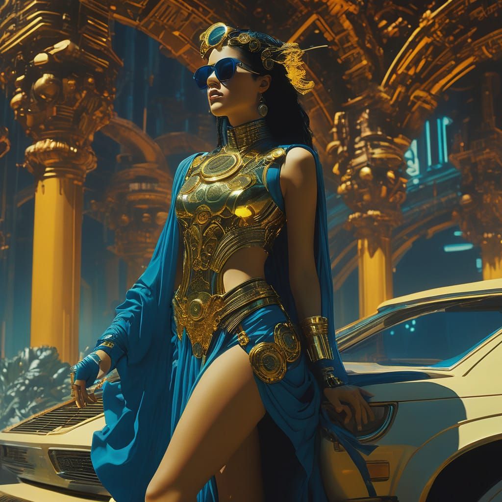 Ethereal Cyberpunk Goddess in Brilliant Golden Circuitry
