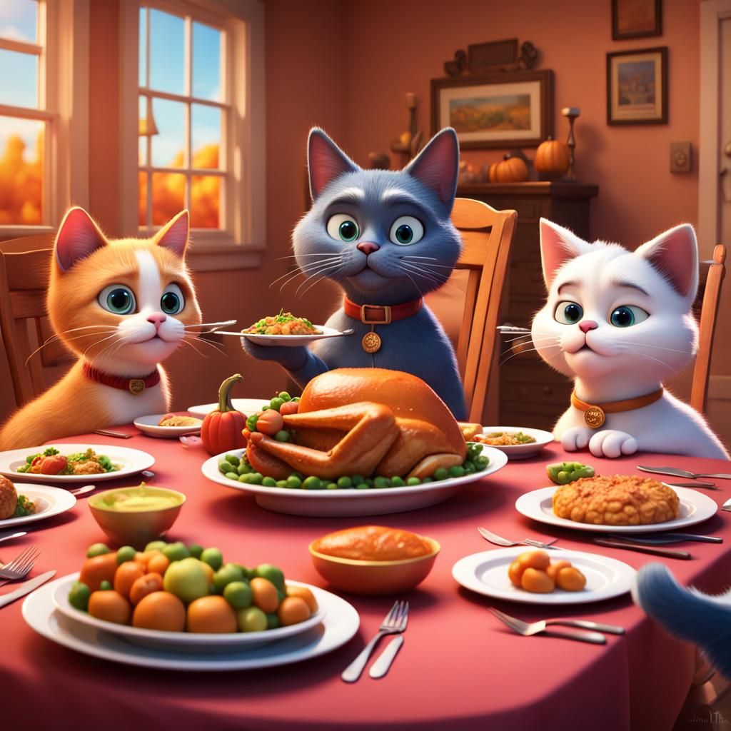 Pixar Style Thanksgiving Dinner with Cats and Dogs