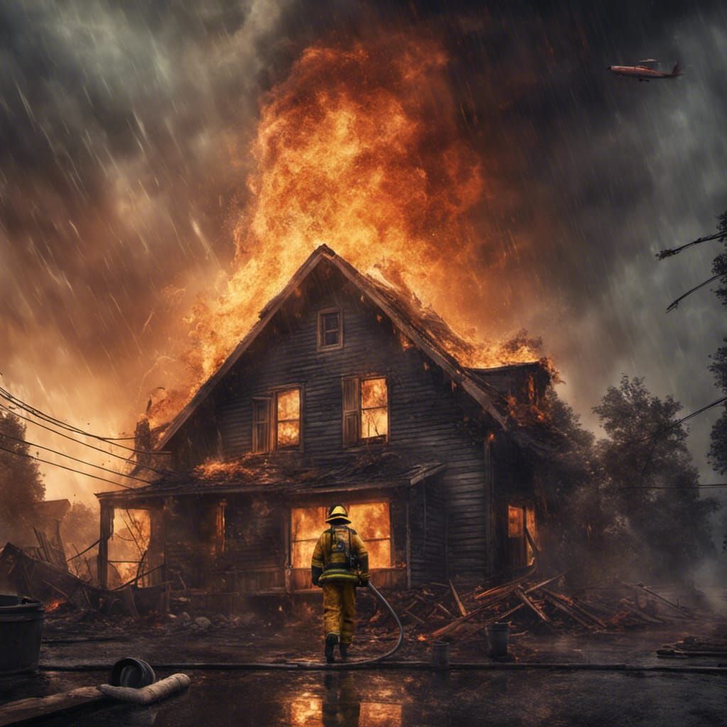 Fireman Battling Blaze in Detailed Matte Painting