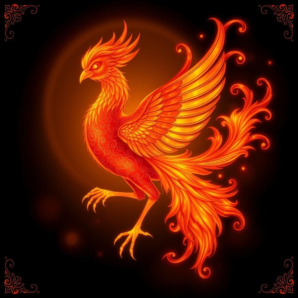 Blazing Red Fire Phoenix in Art Nouveau Style