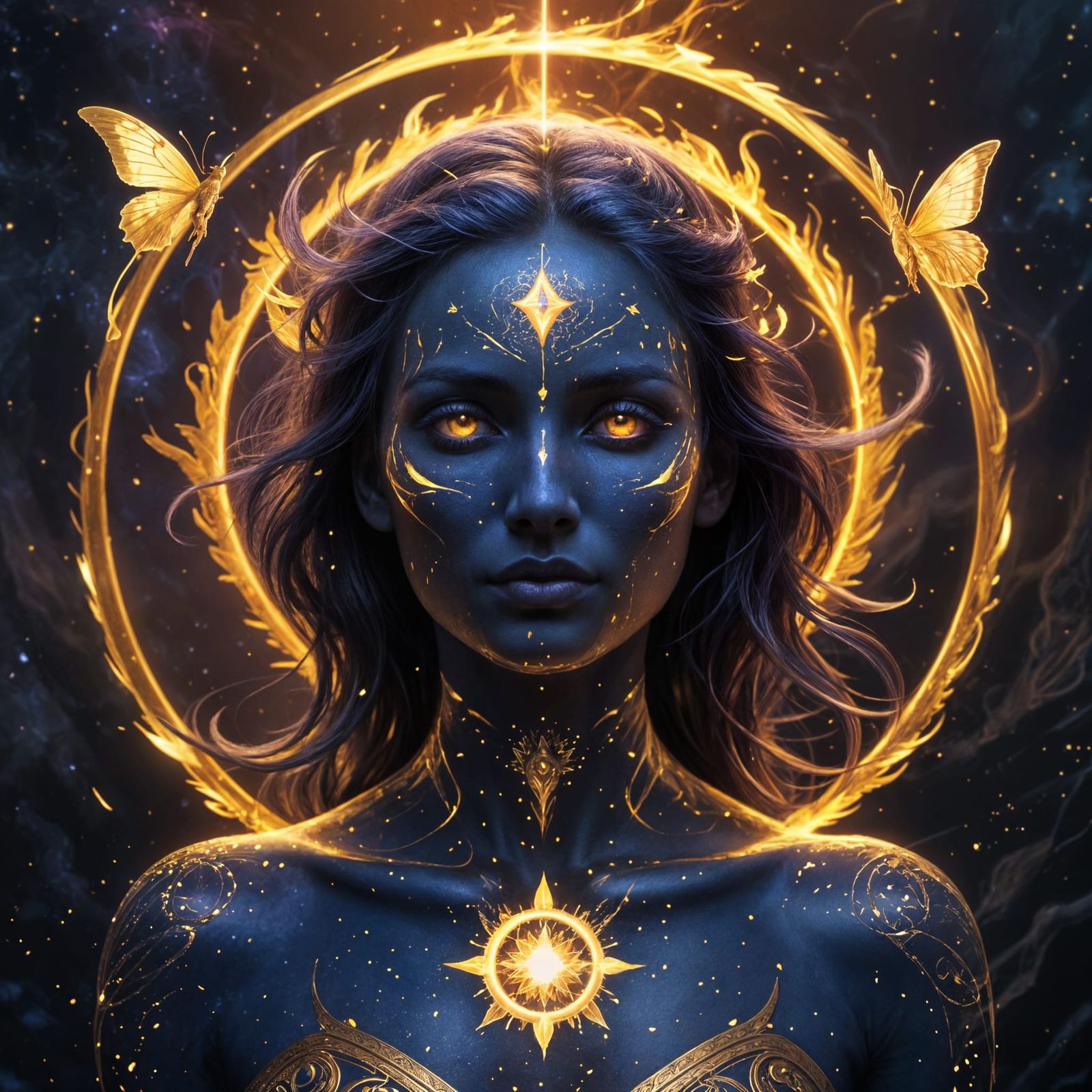 Ethereal Woman Transforming to Gold in Dark Void