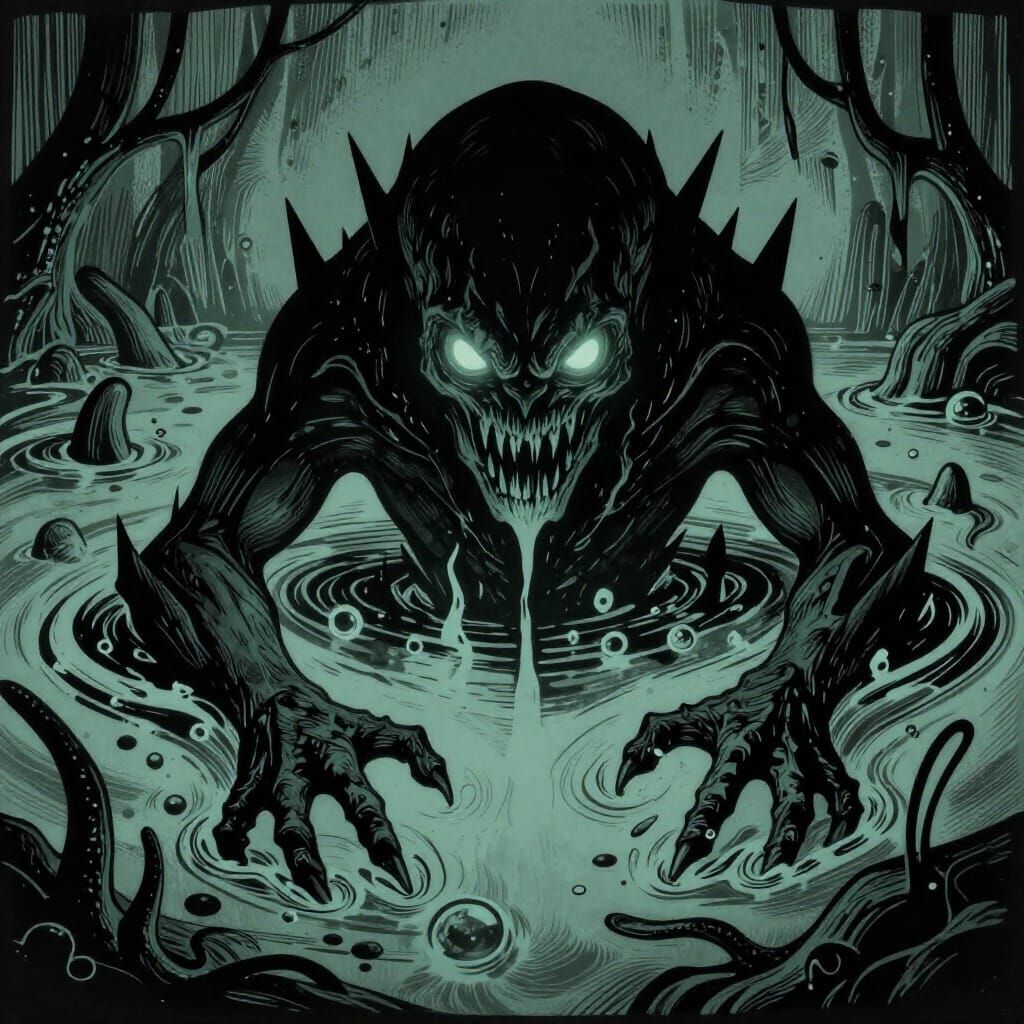 Eldritch Horror Emerging From Swamp in Woodcut Style