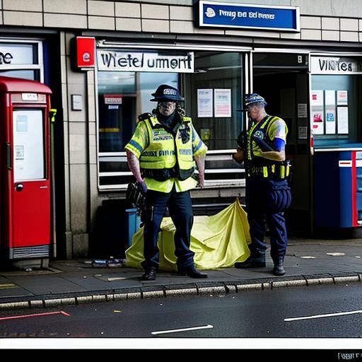 Police officers wearing hi-vis arrest a drunken hobo outside Grimsby Post Office, midday today