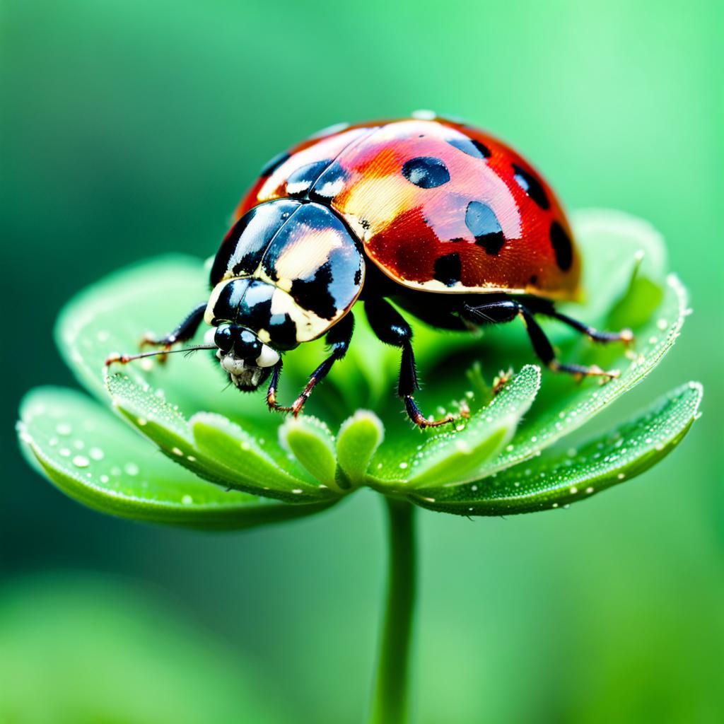 Iridescent Metallic Ladybug on Clover Macro Photograph