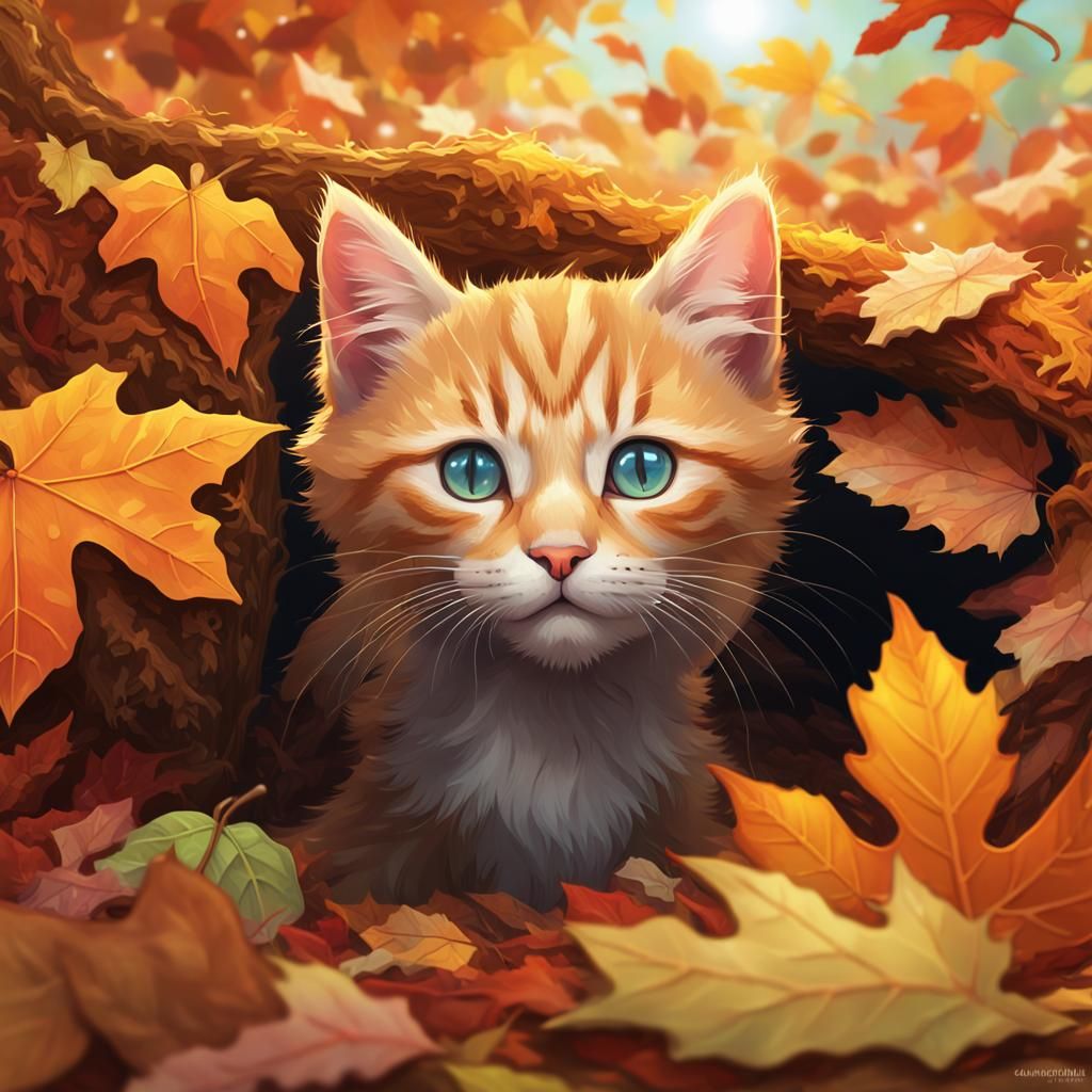 Ginger Kitten Hiding in Autumn Leaves