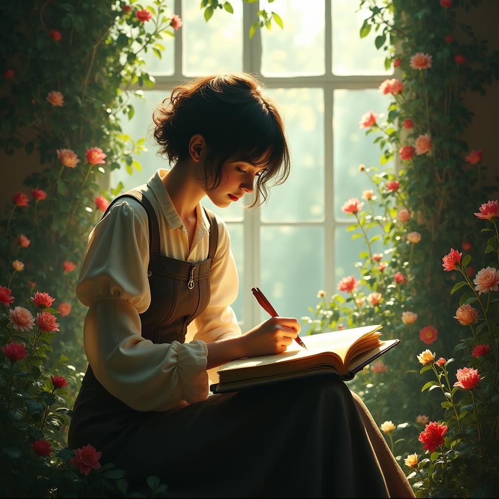 Enchanted Poet in Nature-Inspired Room, Dreamy Concept Art