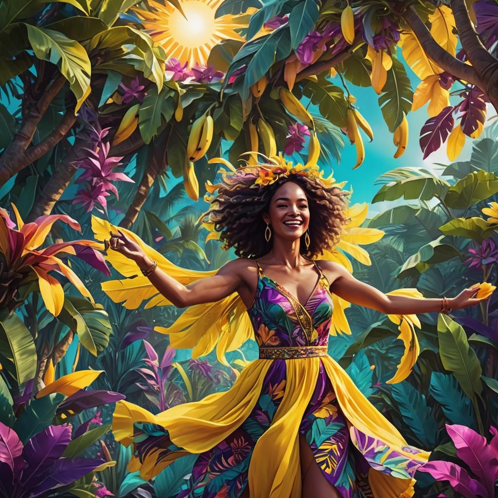 Woman Dancing Under Magic Banana Tree on Tropical Beach